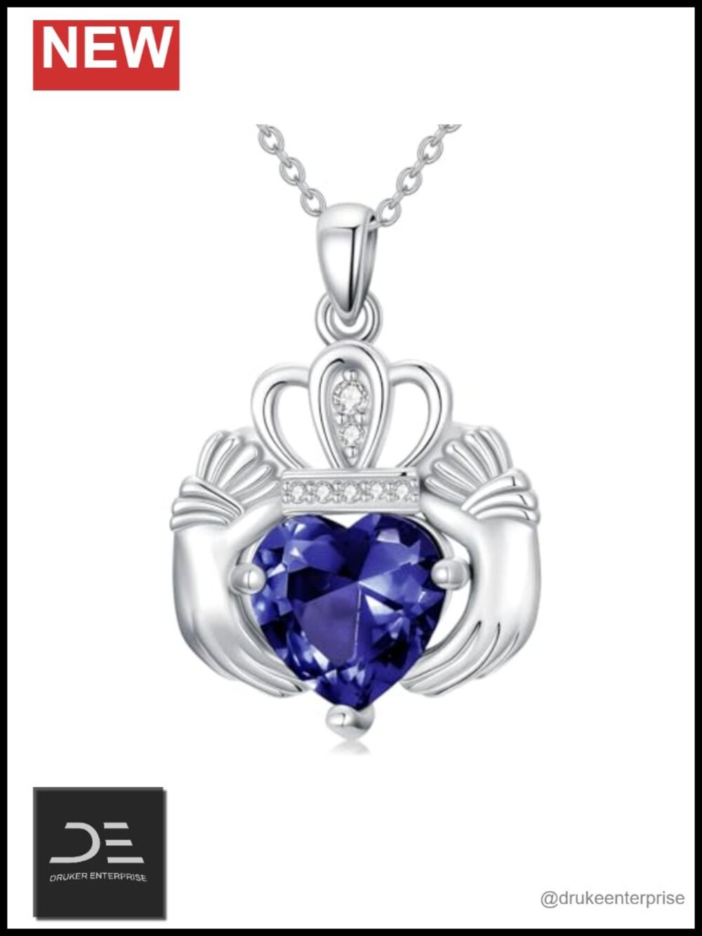 925 Sterling Silver Claddagh Pendant Necklace Heart Birthstone Irish Jewelry